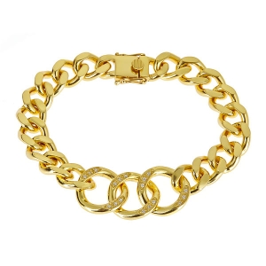 Sterling Silver 18kt Yellow Gold Glaze Diamond-Quartz Link Bracelet