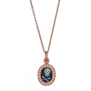 Sterling Silver 18kt Rose Gold Glaze Diamond-Quartz Cameo Skull Necklace