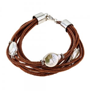 Multi Leather Pearl Sterling Silver Rondel Bracelet