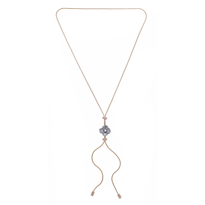 Sterling Silver 18kt Rose Gold Glaze White Topaz Black Gold Glaze Flower Adjustable Lariat Necklace