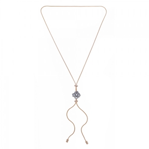 Sterling Silver 18kt Rose Gold Glaze White Topaz Black Gold Glaze Flower Adjustable Lariat Necklace